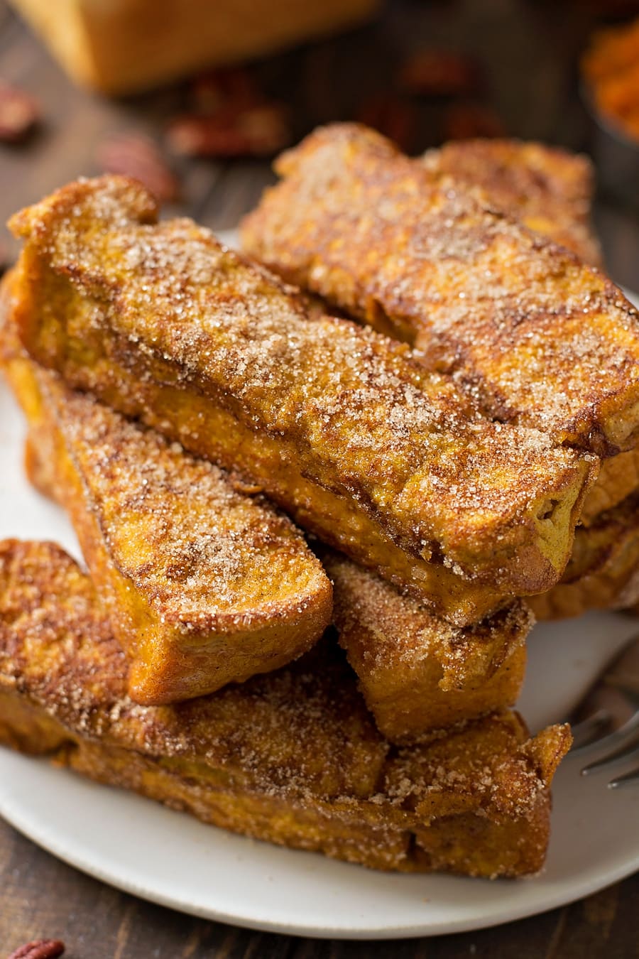 homemade french toast sticks on a white plate