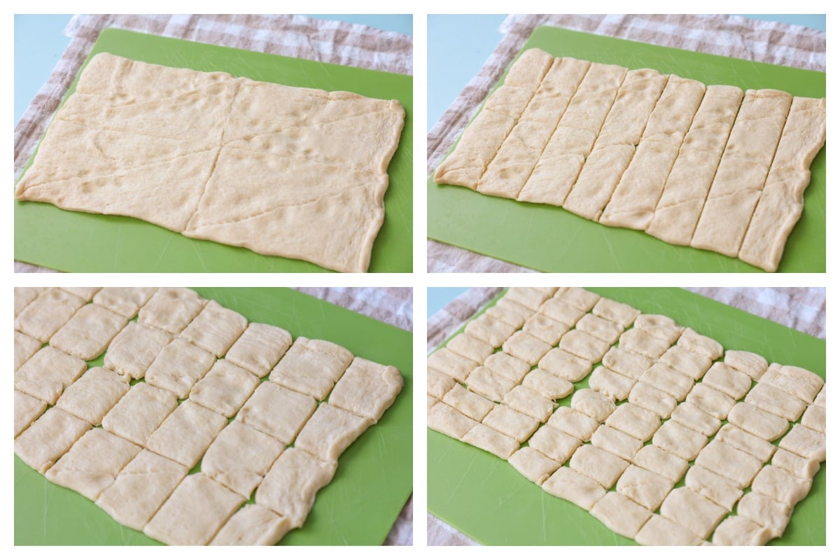 Step by step photos of cutting the crescent dough for hot dog bites