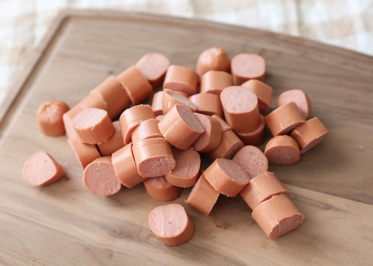 Hot dogs cut into bite sized pieces for hot dog nuggets