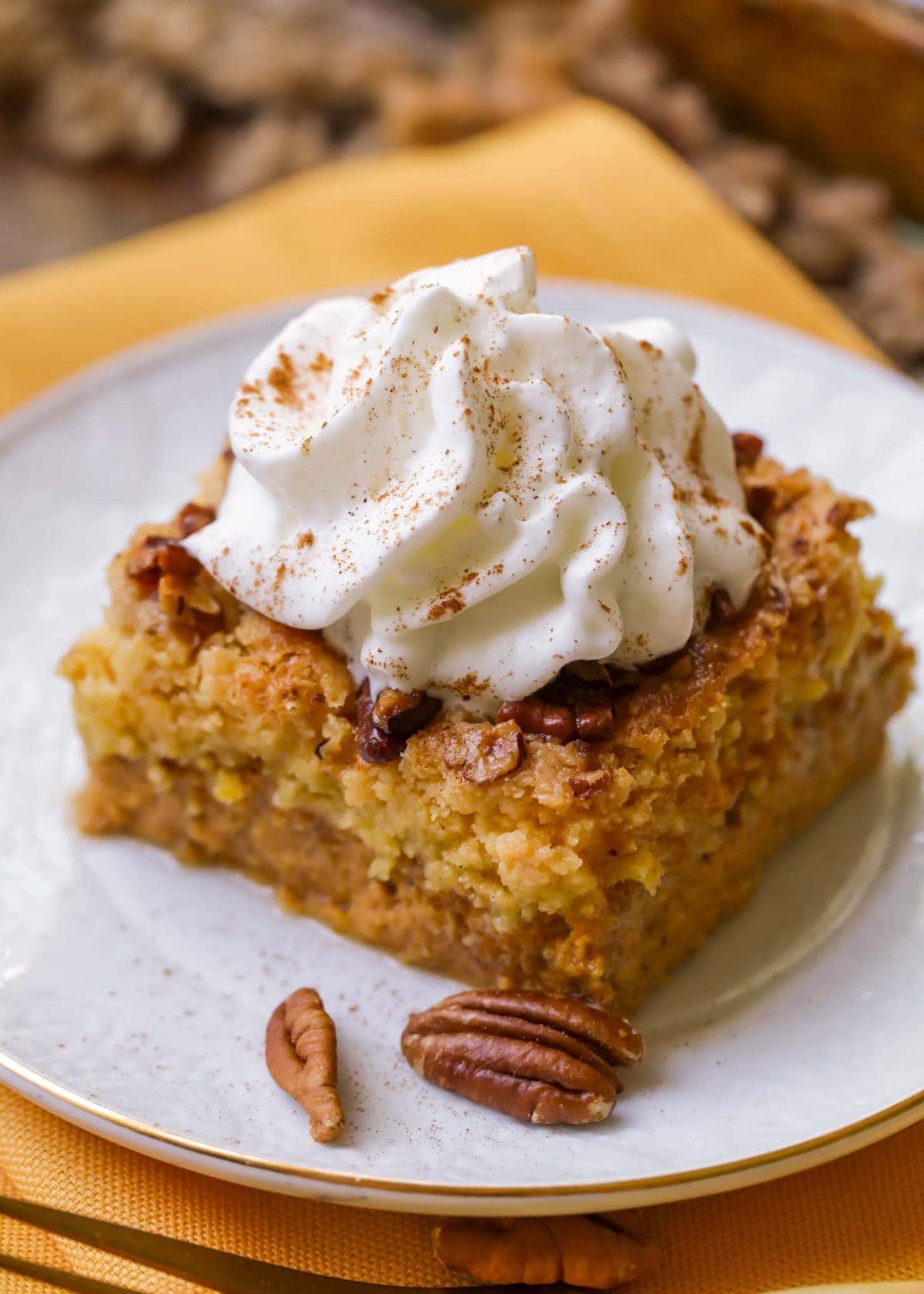 A delicious fall dessert, this Pumpkin Dump cake is simple, delicious and has all the fall flavors. Everyone loves this pumpkin recipe!