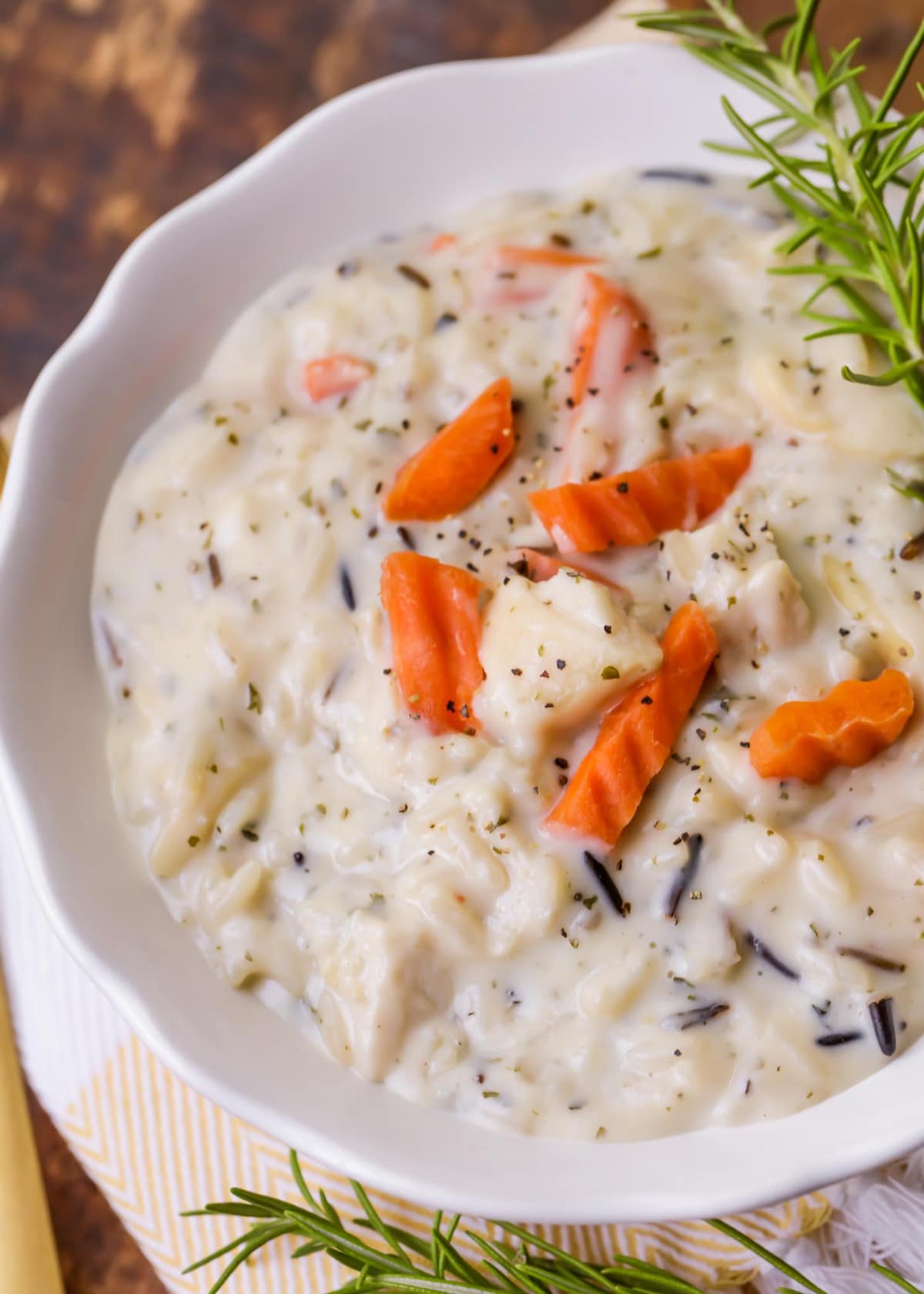 creamy Chicken Wild Rice Soup in white bowl