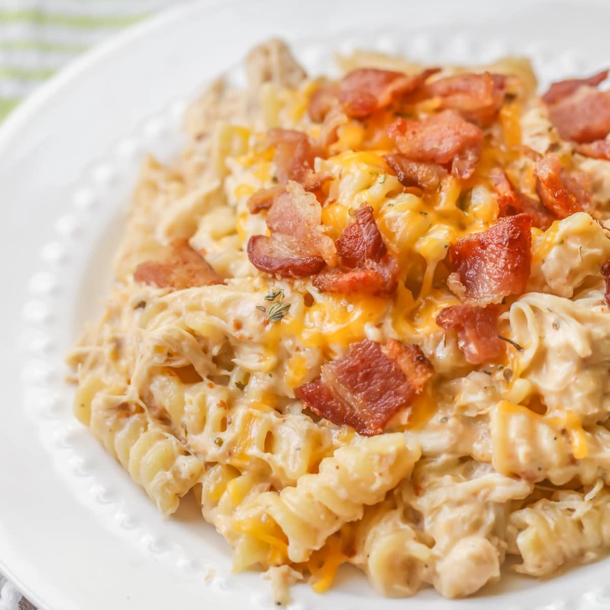 Chicken Bacon Ranch Pasta on white plate.
