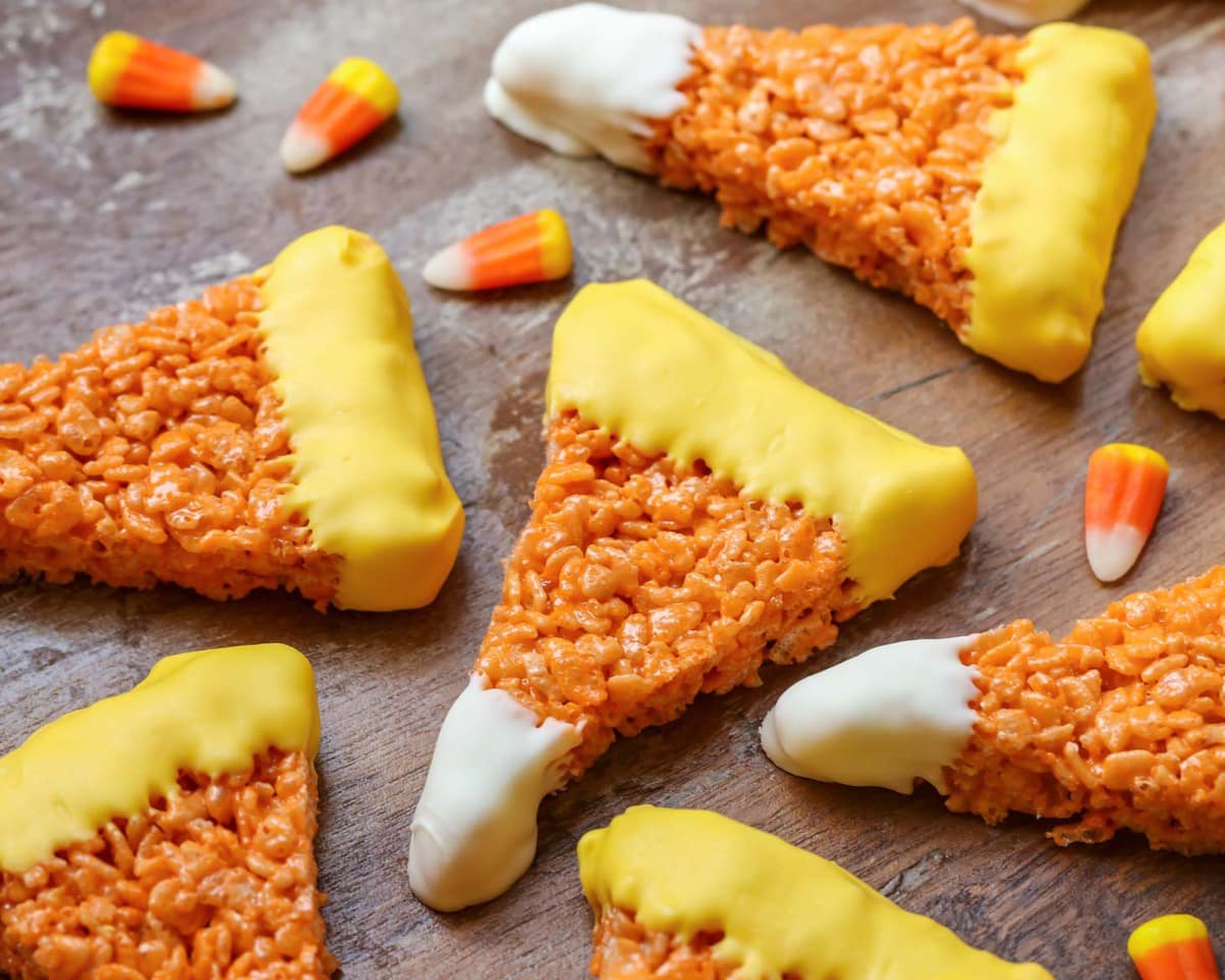 Halloween desserts - sliced and decorated candy corn rice krispie treats.