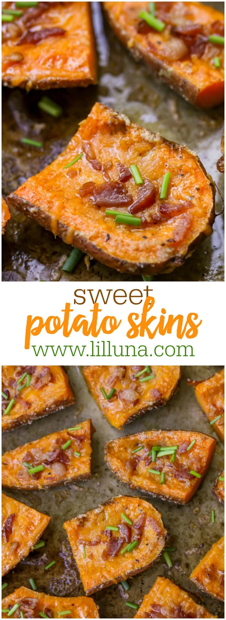 Sweet Potato Skins - a delicious appetizer with a buttery Parmesan crusted glaze and topped with bacon and chives.