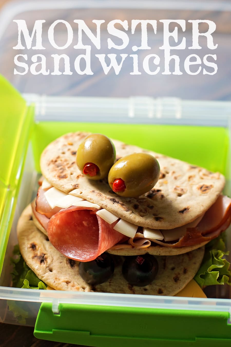 Flat out monster sandwiches with olive eyes
