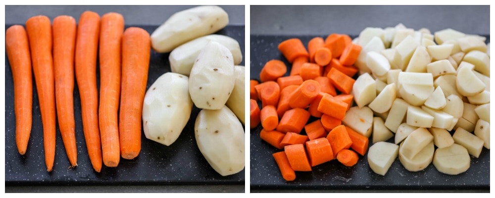 Chopped carrots and potatoes for beef stew recipe on a cutting board.