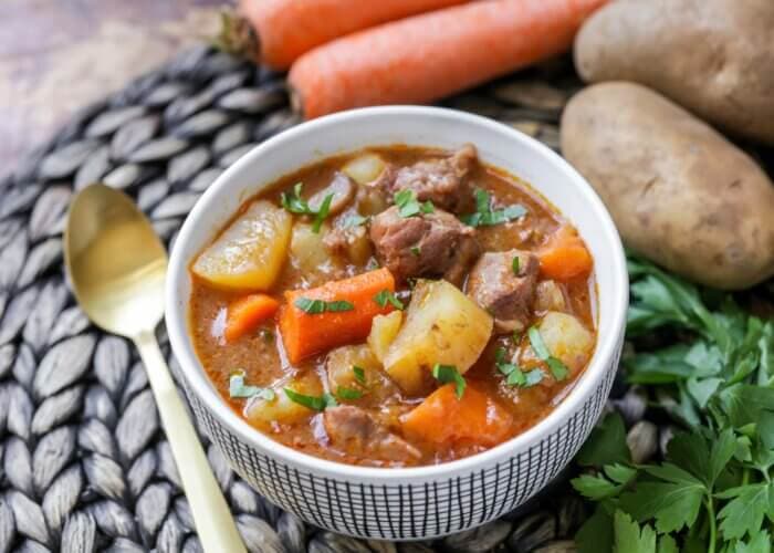 Easy Crockpot Beef Stew in a white bowl