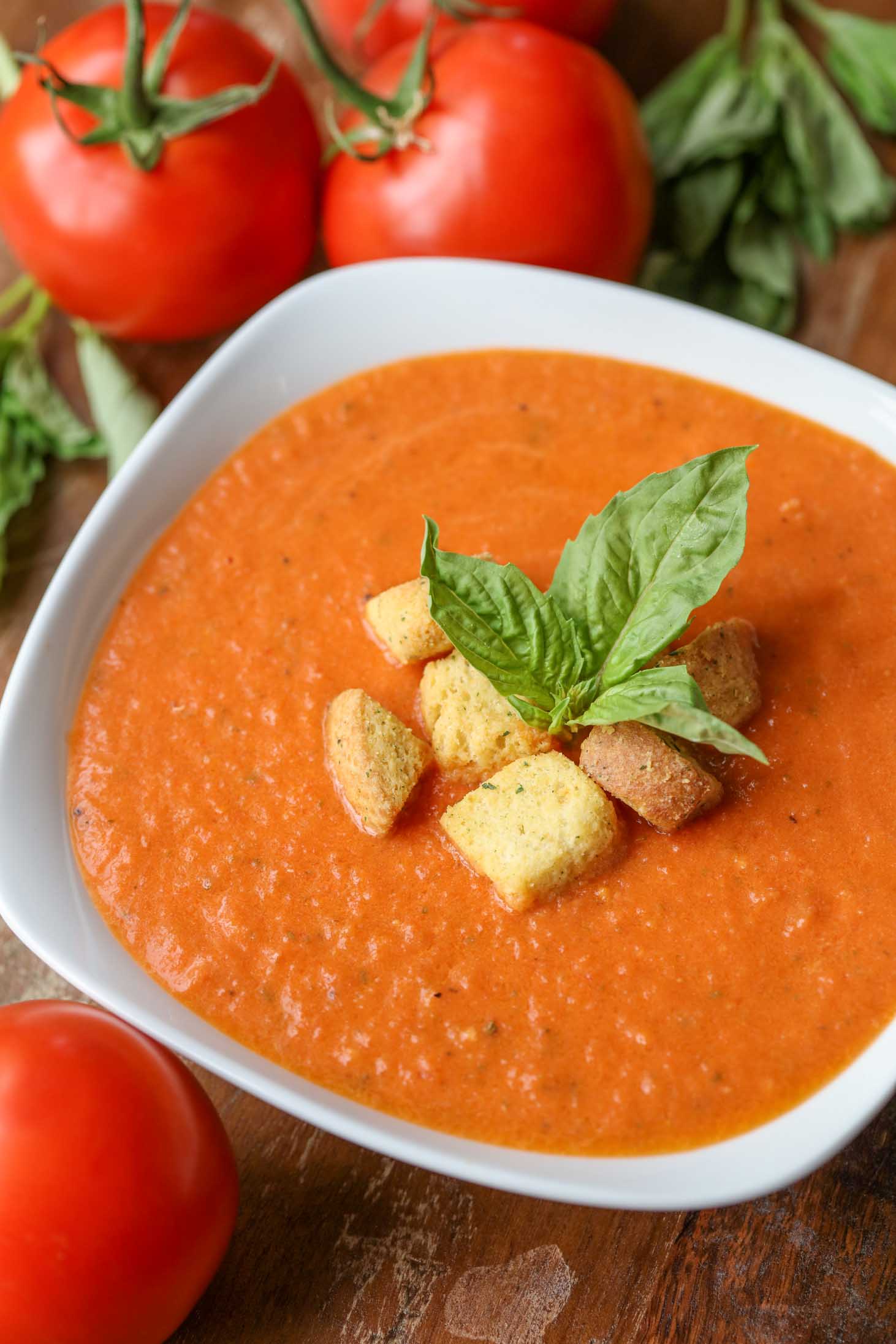  Close up of Creamy Tomato Basil Soup in a bowl