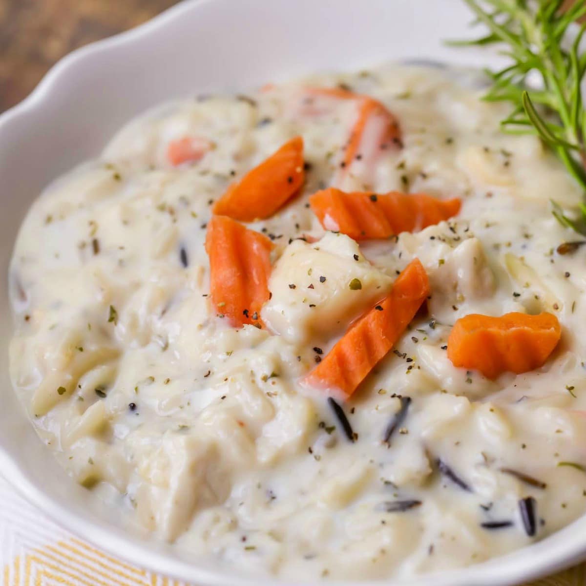 Closeup of chicken and wild rice soup in bowl