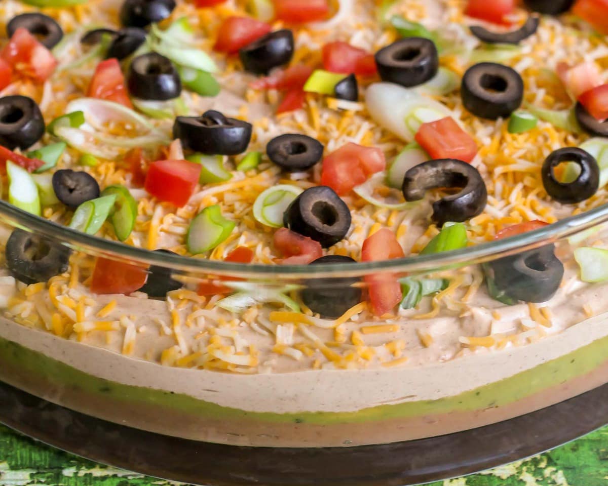 7 Layer Bean Dip in a glass dish