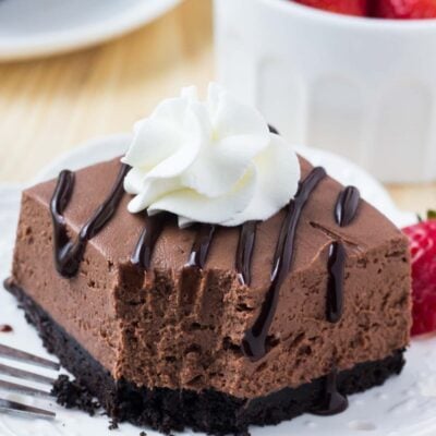 no bake chocolate cheesecake bar on white plate