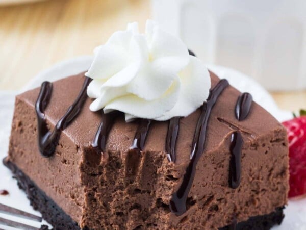 no bake chocolate cheesecake bar on white plate