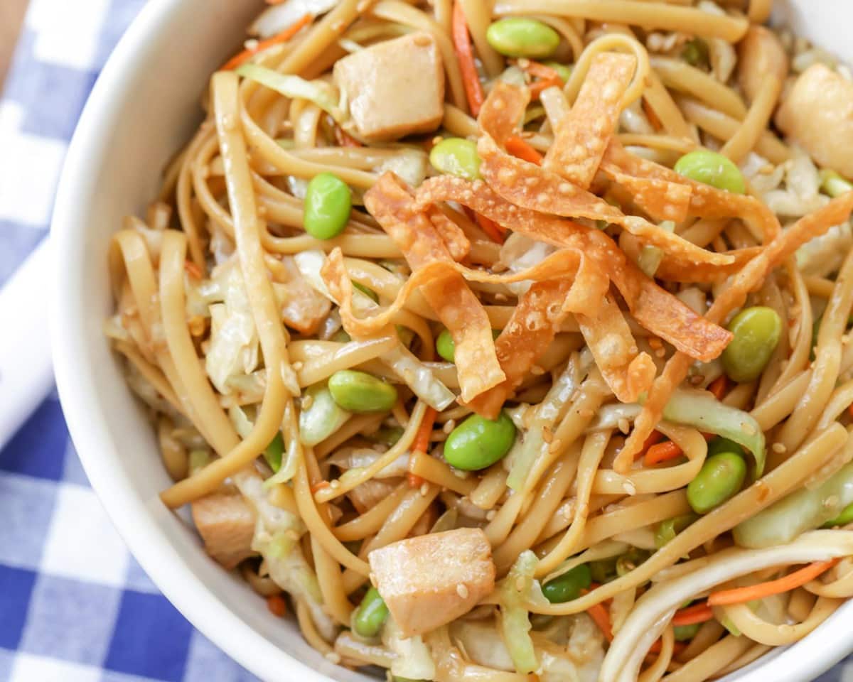Asian Dinner Recipes - Asian noodle salad in a white bowl. 