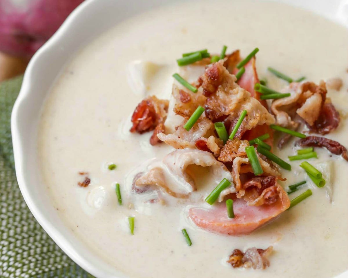Christmas dinner ideas -  baked potato soup topped with bacon and chives.
