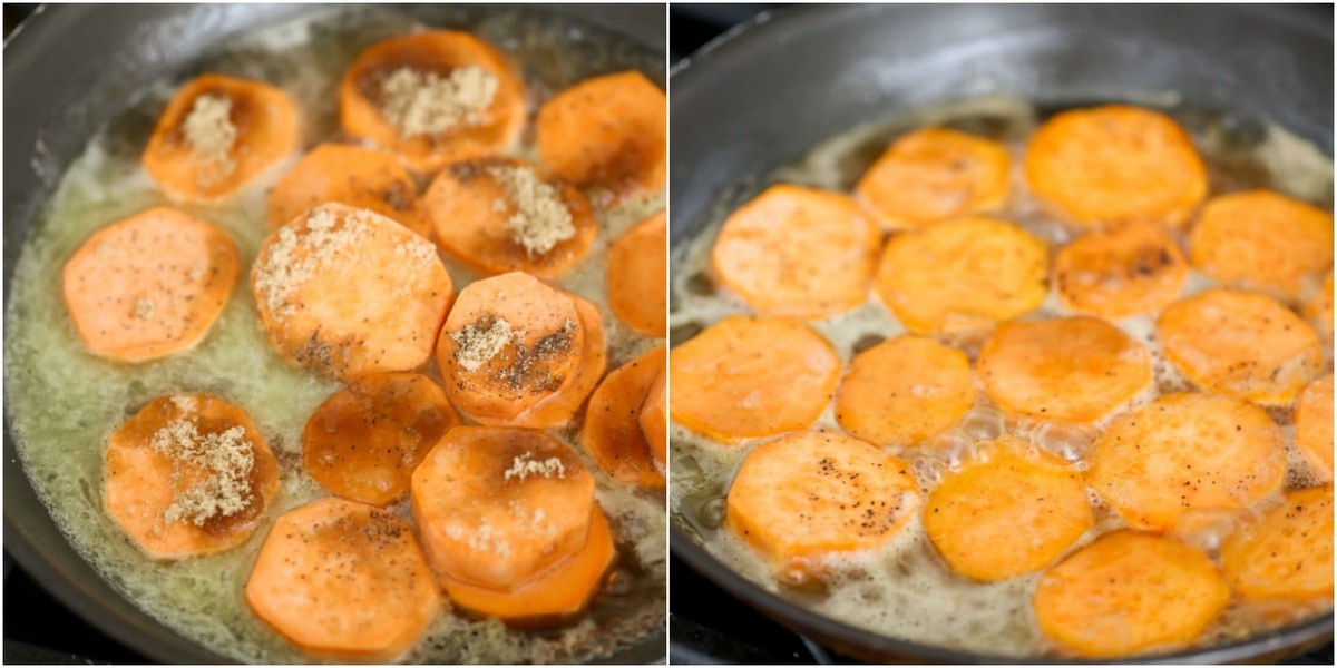 Cooking Candied Sweet Potatoes in butter and brown sugar.