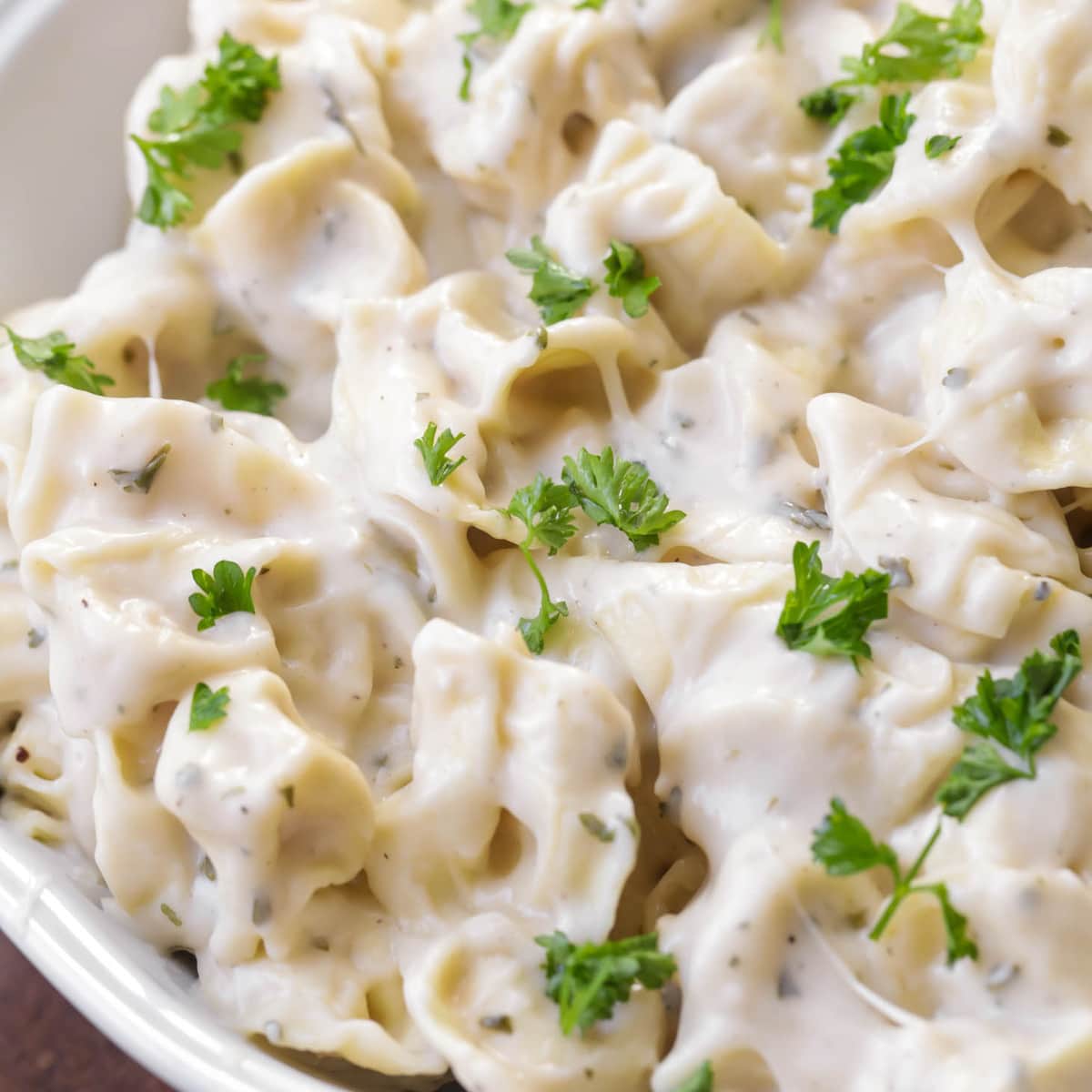 Cheesy Tortellini Pasta in a white bowl.