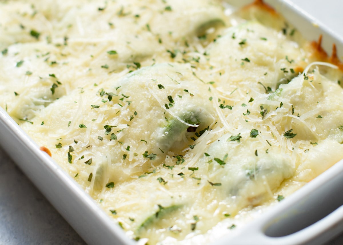 Zucchini chicken alfredo roll ups covered in mozzarella in a white dish.