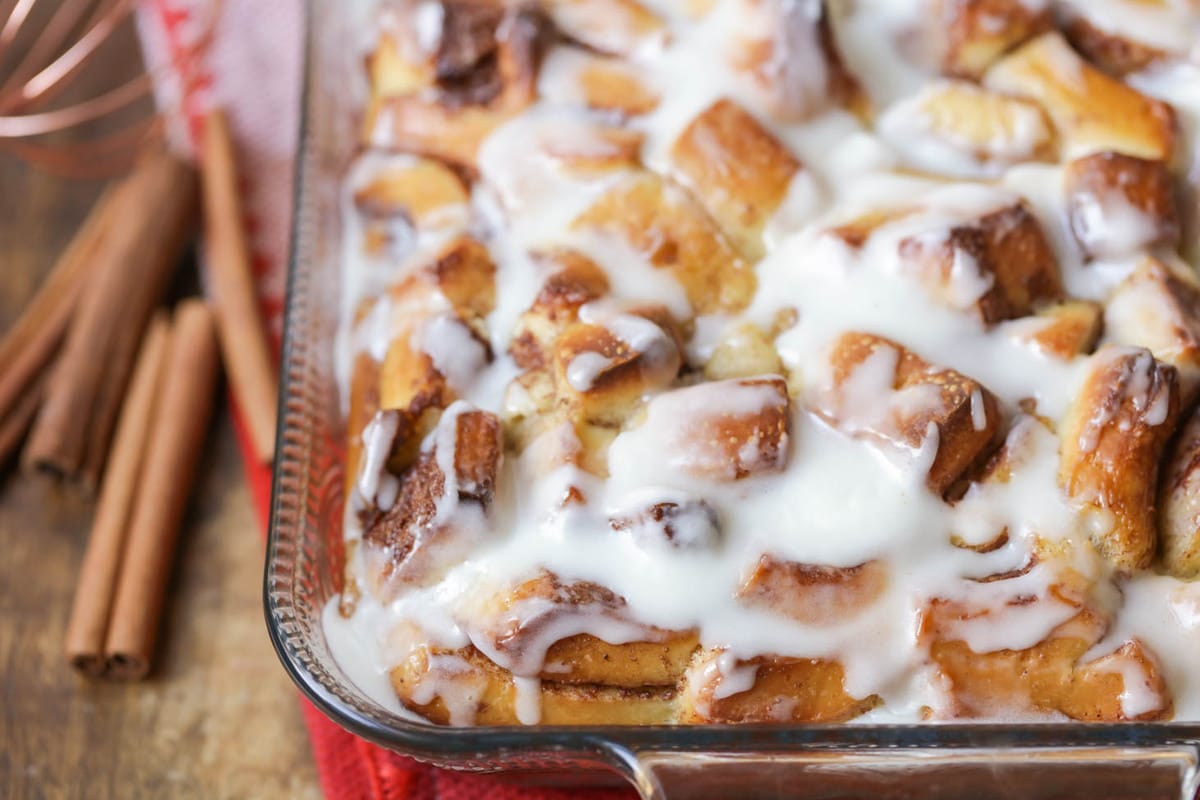 Breakfast for dinner - glass baking dish filled with cinnamon roll french toast bake.