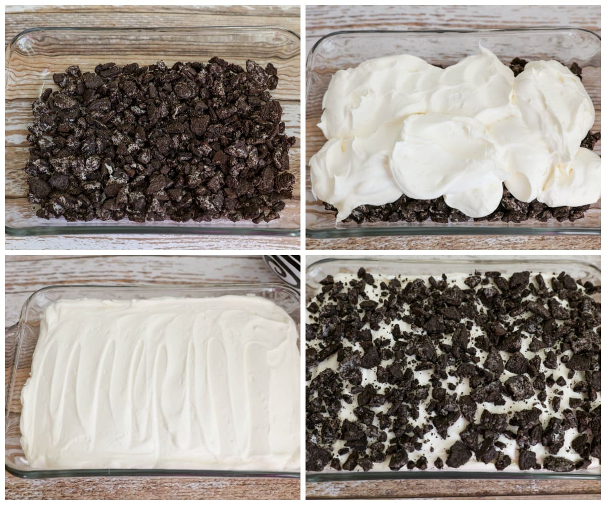 Collage of step by step pictures for Easter Dirt Cake recipe