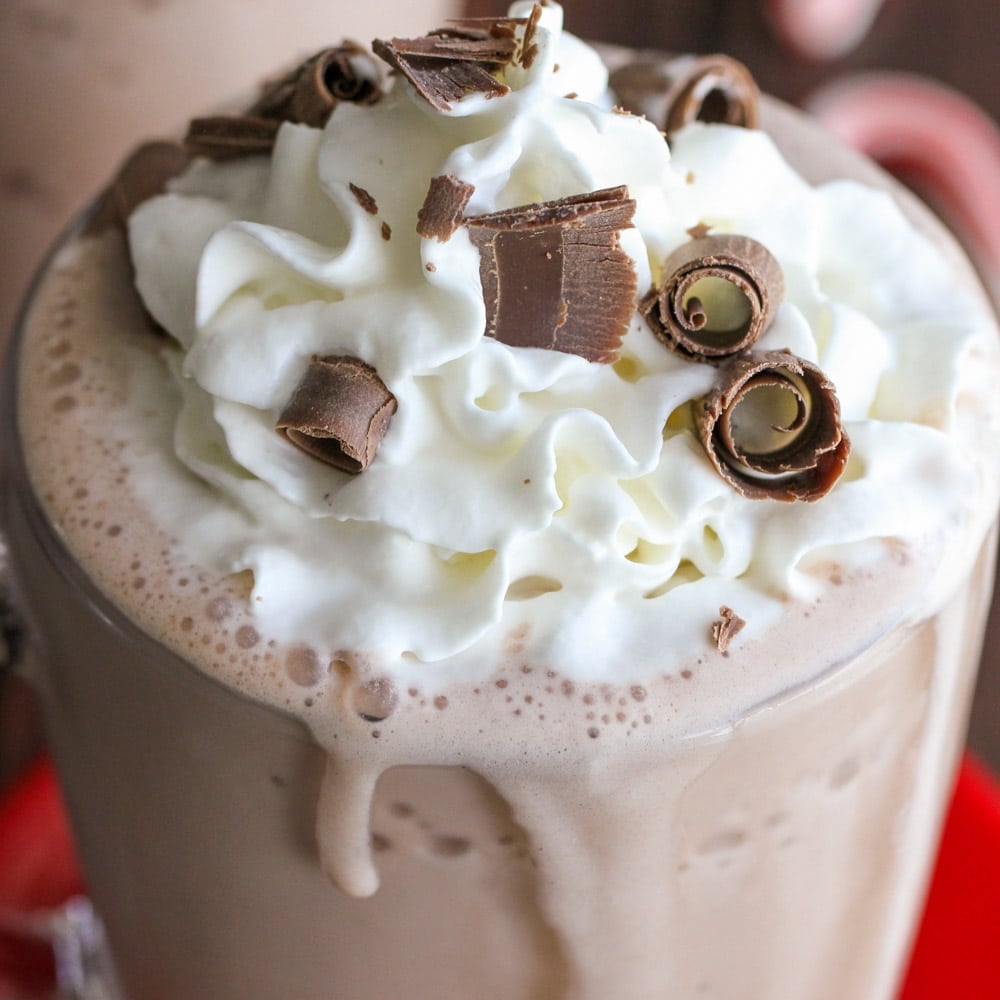 4th of July Recipes - Closeup of frozen hot chocolate topped with whipped cream and chocolate curls. 