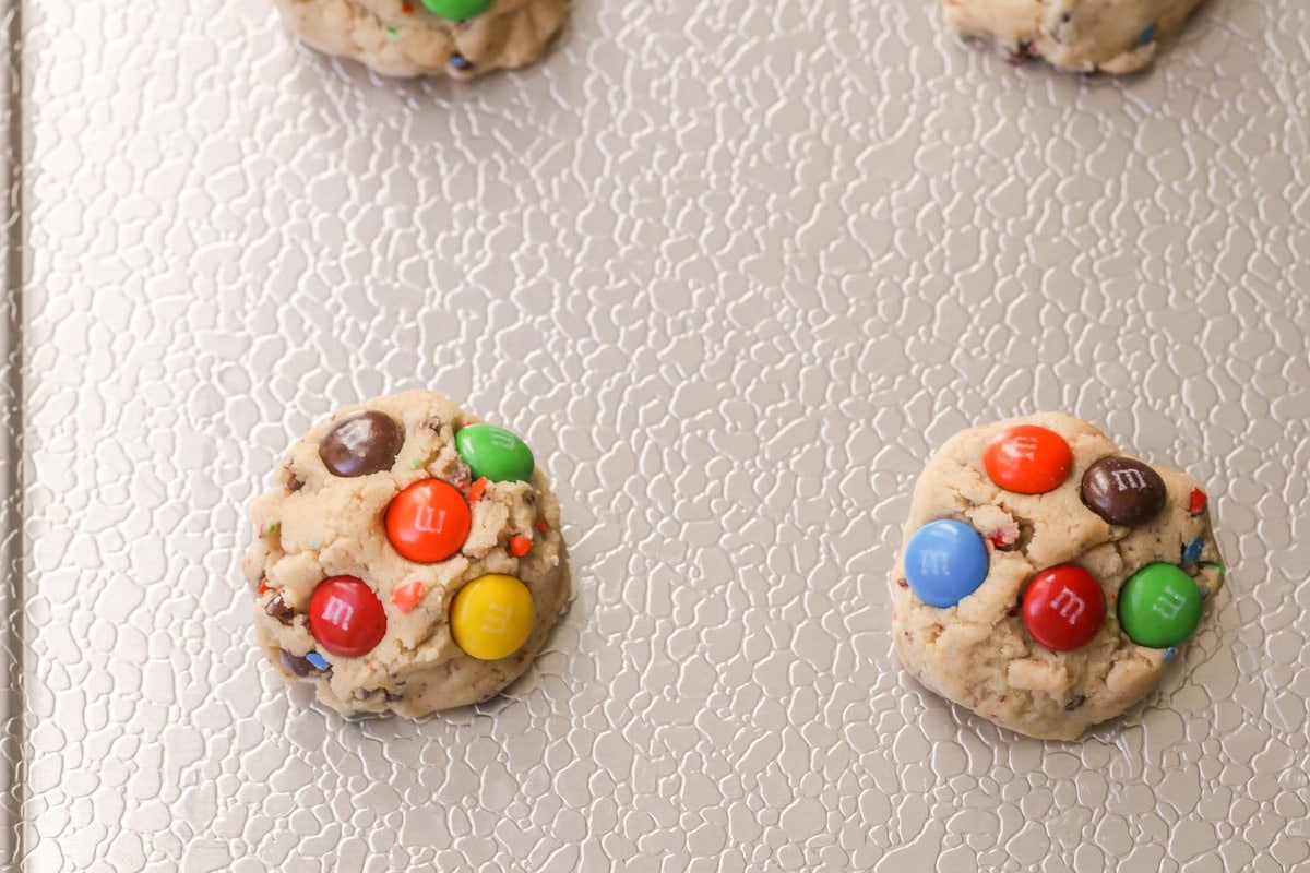 M and M Cookies on cookie sheet