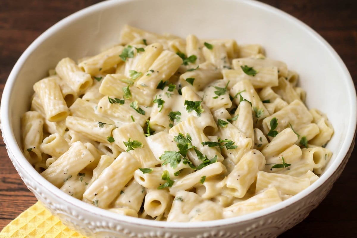 Penne Pasta Recipes - Creamy garlic penne pasta in a white bowl.