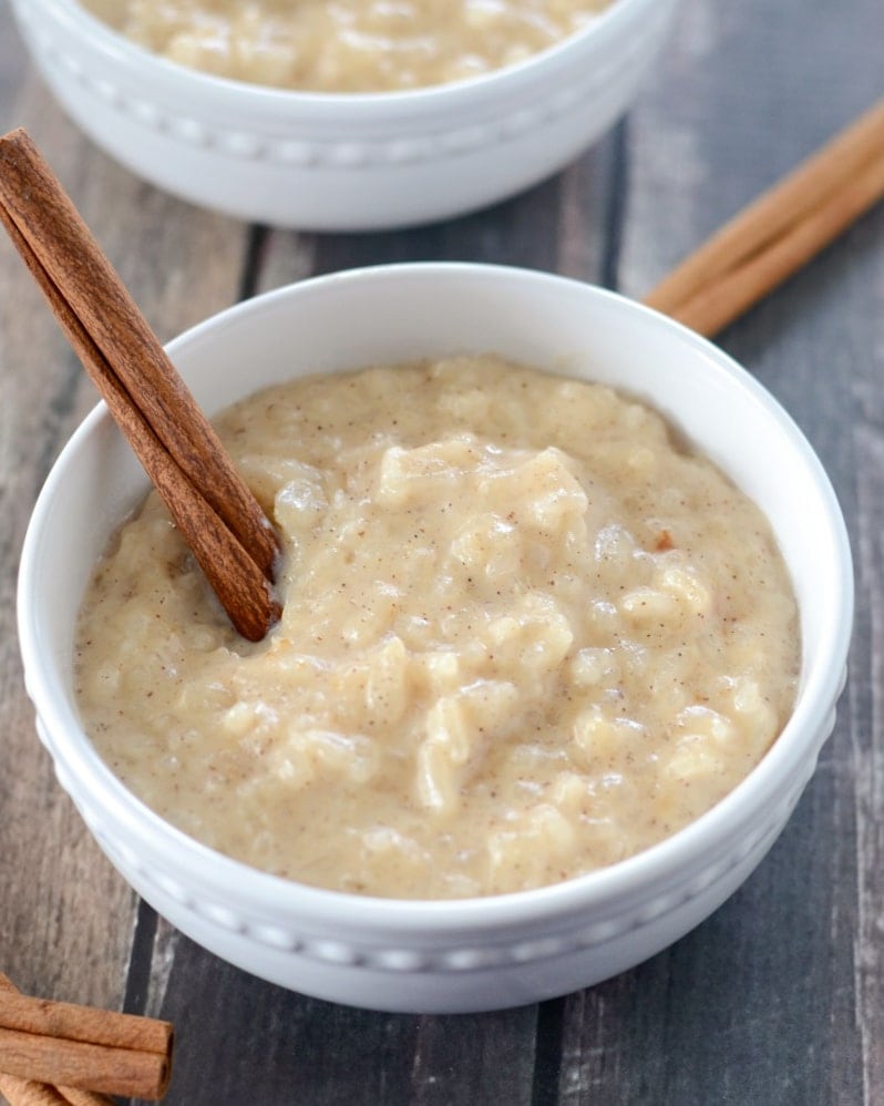 Crockpot rice pudding in white bowl