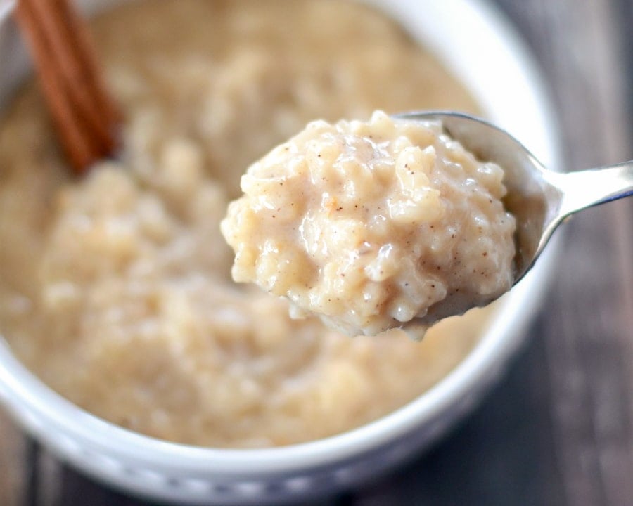 Easy rice pudding recipe on spoon