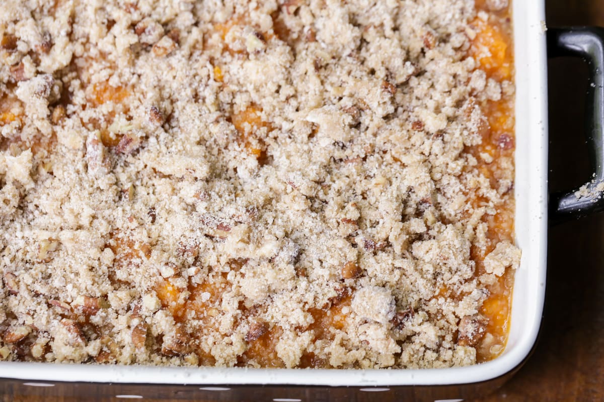 Delicious Sweet Potato Casserole which is great for holidays and family meals! These creamy sweet potatoes are topped with a butter-y, brown sugar and pecan topping making them irresistible Streusel topping for casserole