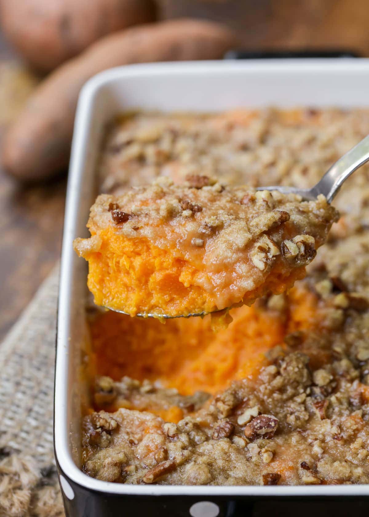 Sweet Potato casserole recipe spooned out from baking dish