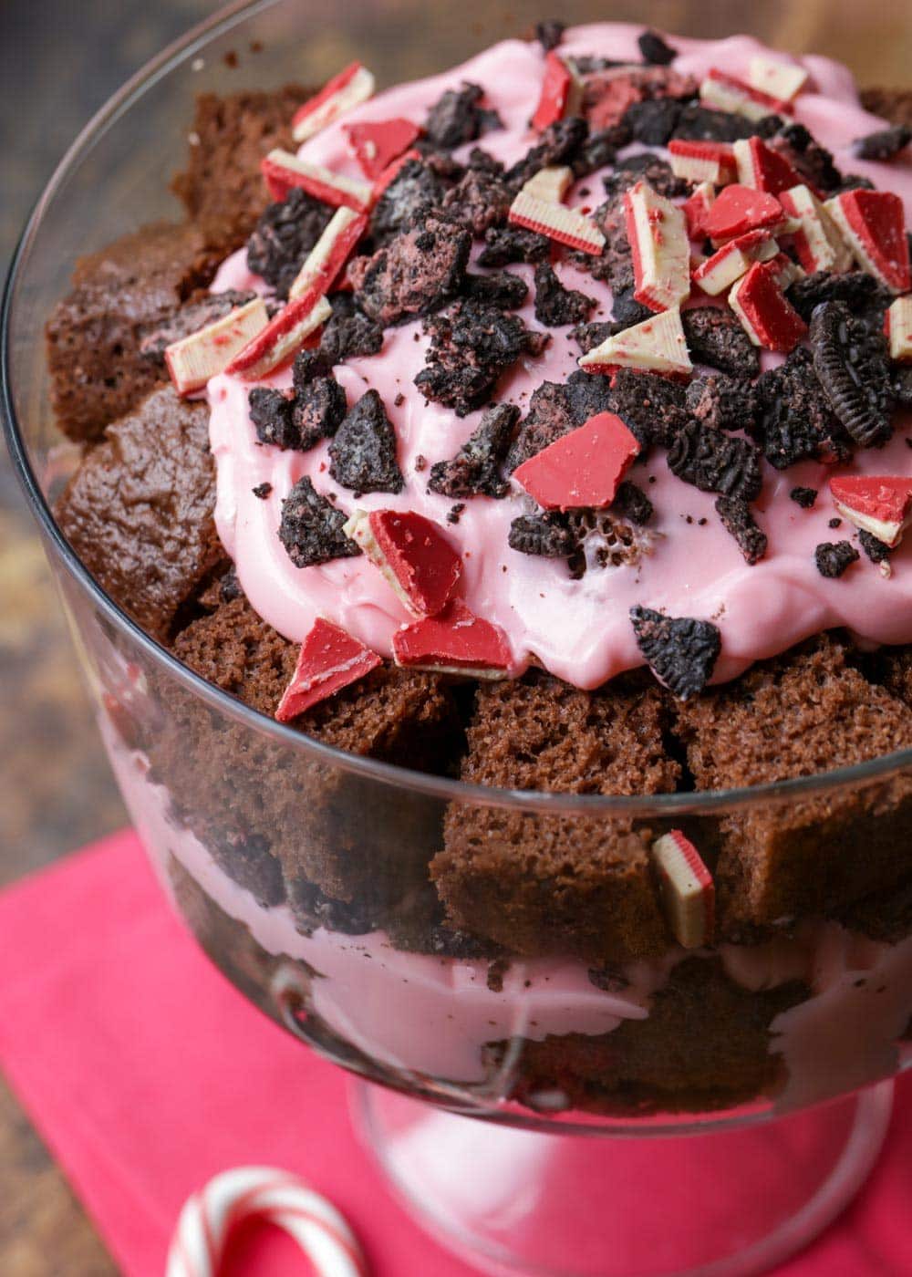 Chocolate Christmas trifle with peppermint pudding, Oreos, and peppermint andes