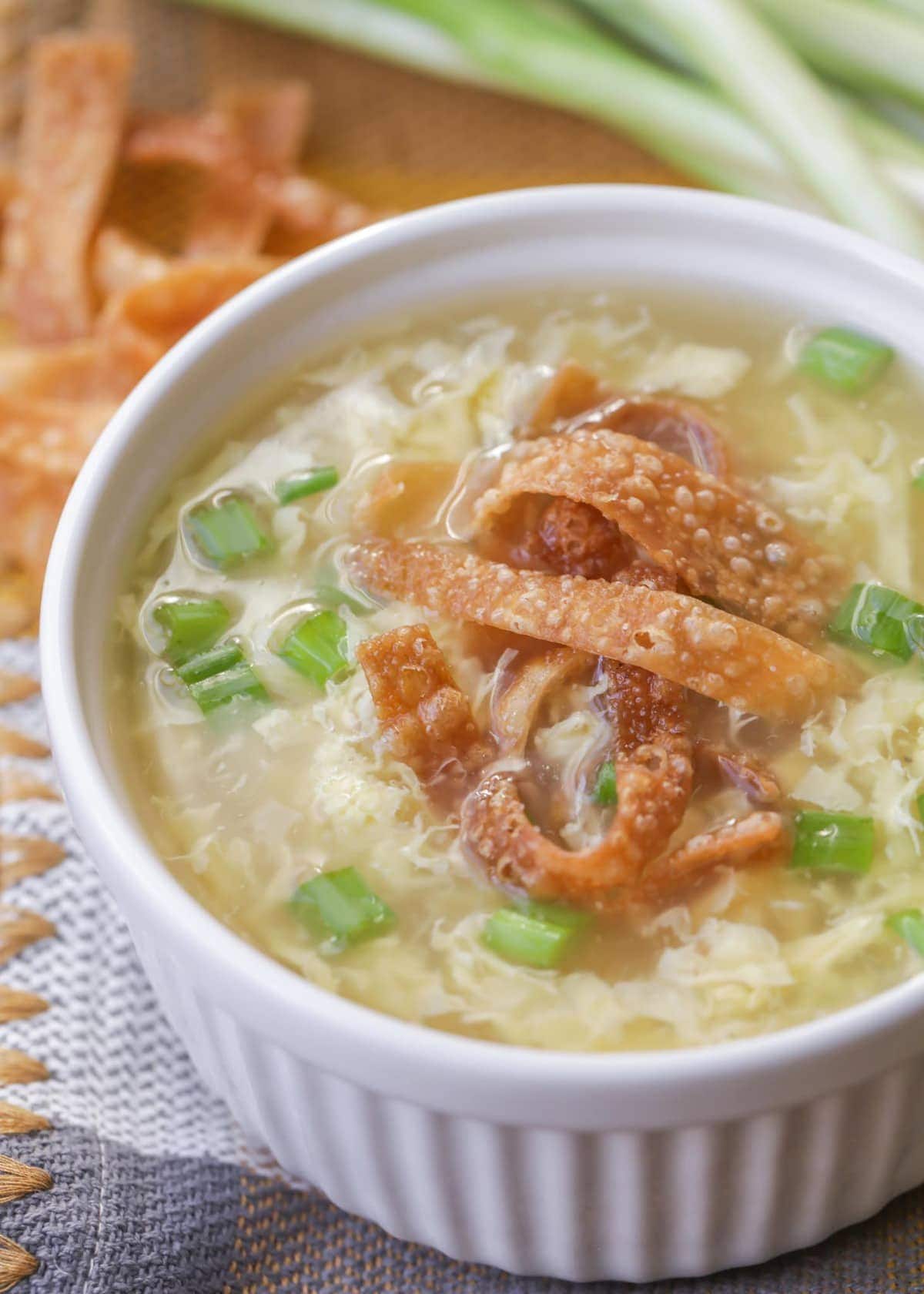 Easy Egg Drop Soup in bowl with garnishes