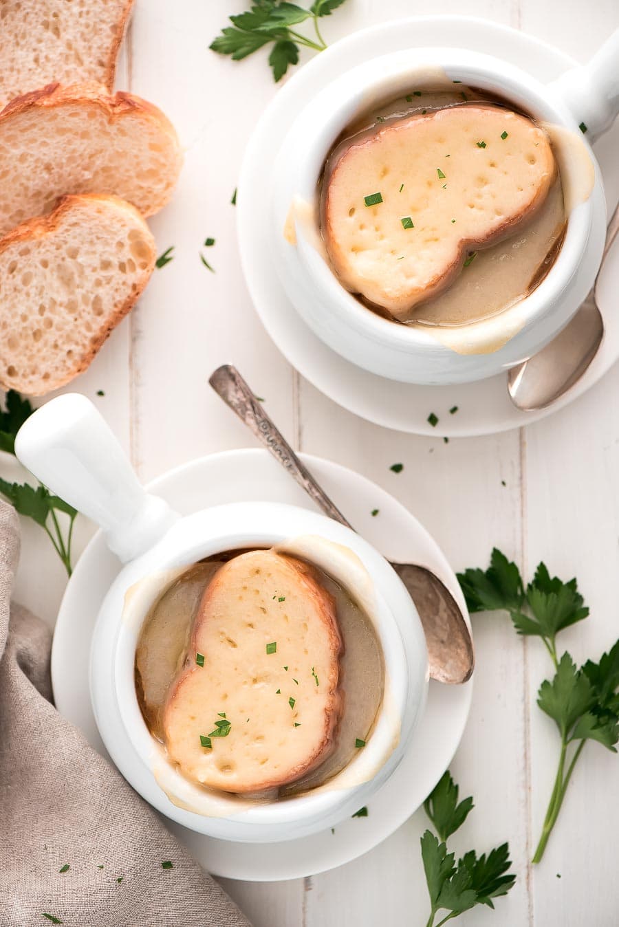 Easy French Onion Soup served in a white mug