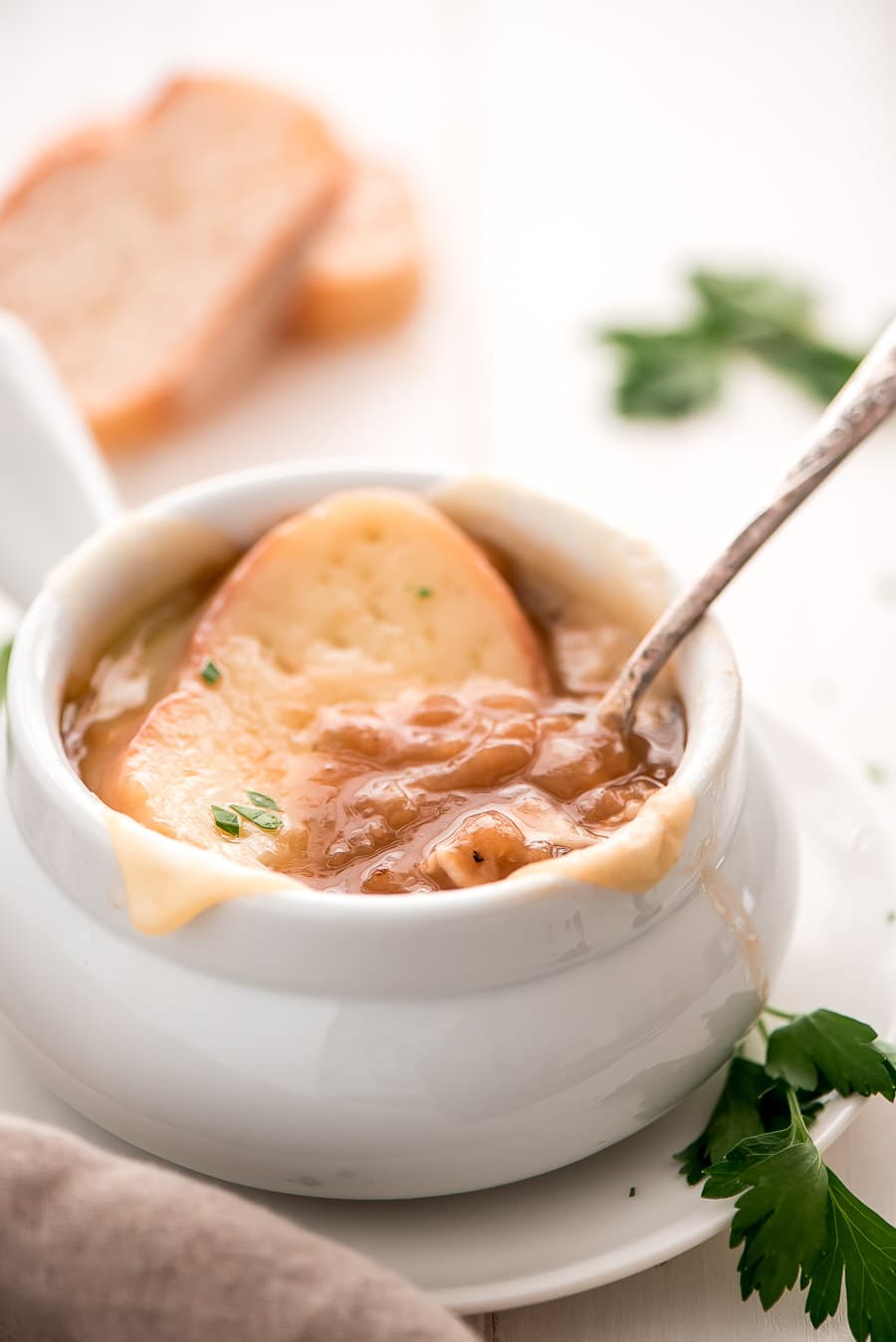 BEST French Onion Soup topped with cheesy bread