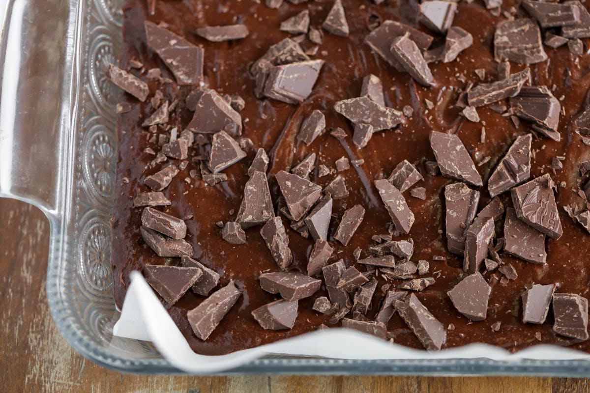 Fudgy brownie batter topped with chopped godiva chocolate.