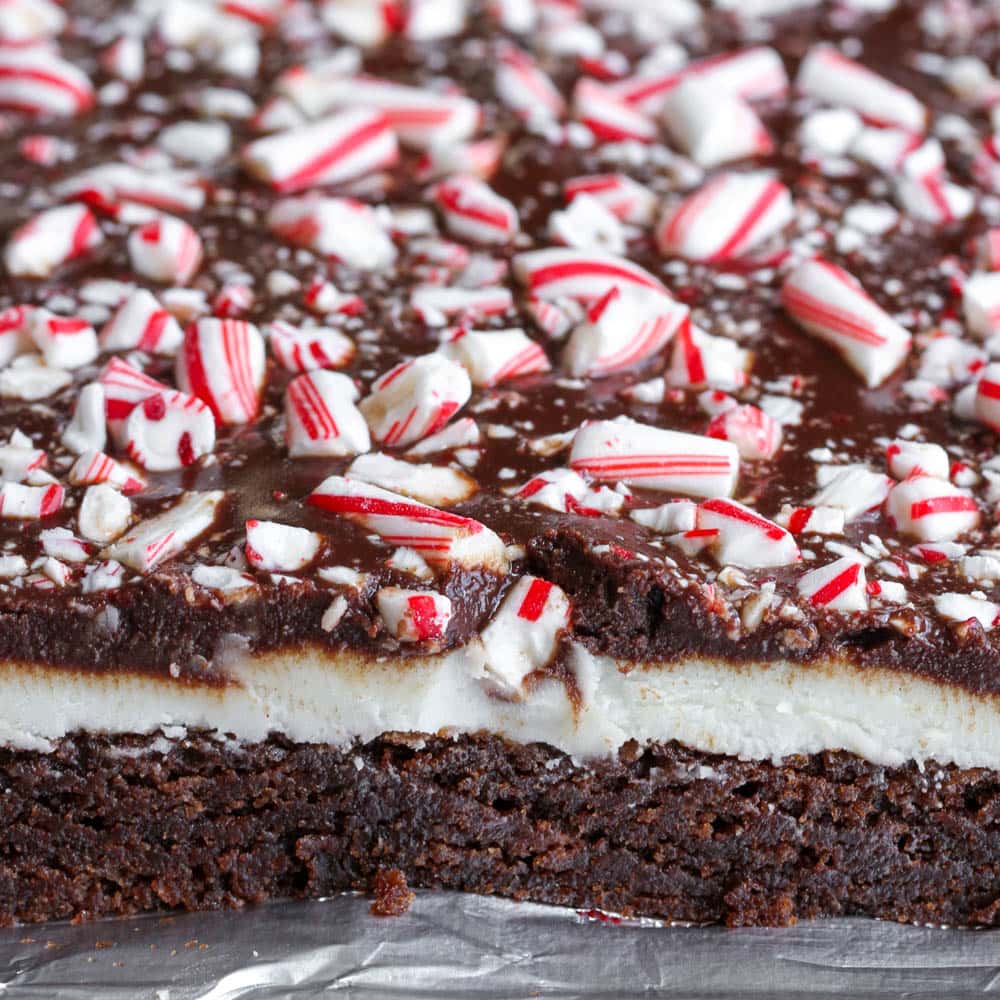 Christmas desserts - a slice of peppermint brownies topped with crushed candy cane.