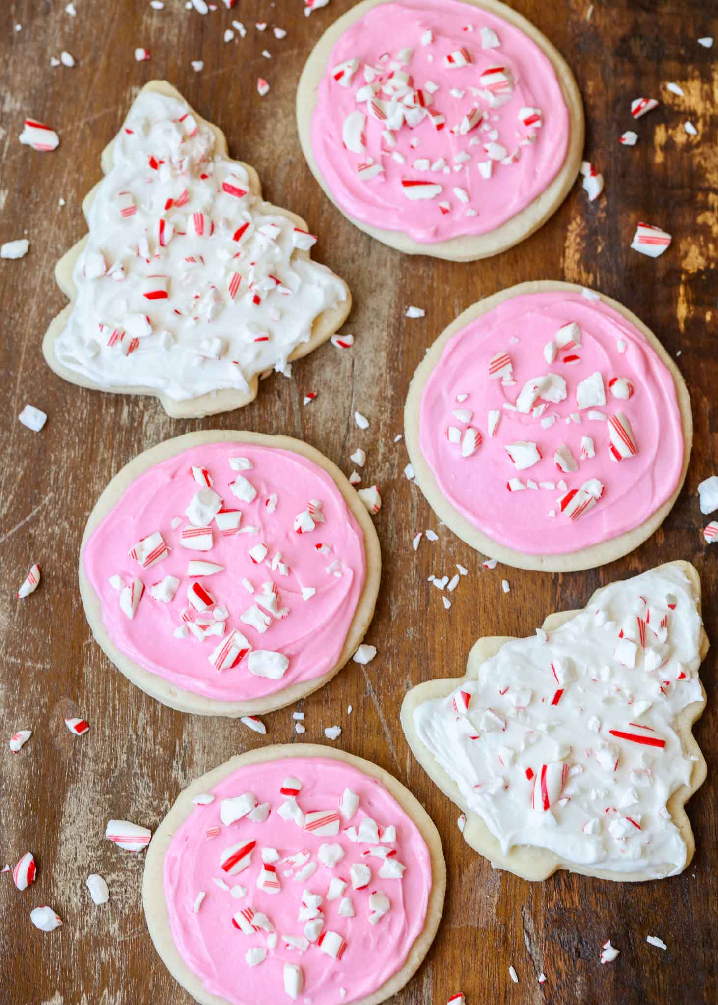 peppermint sugar cookies with frosting and peppermint bits