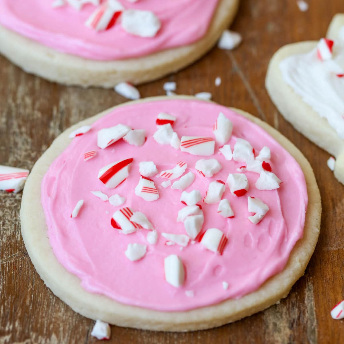 Sugar cookie recipes - peppermint sugar cookies topped with candy cane bits.