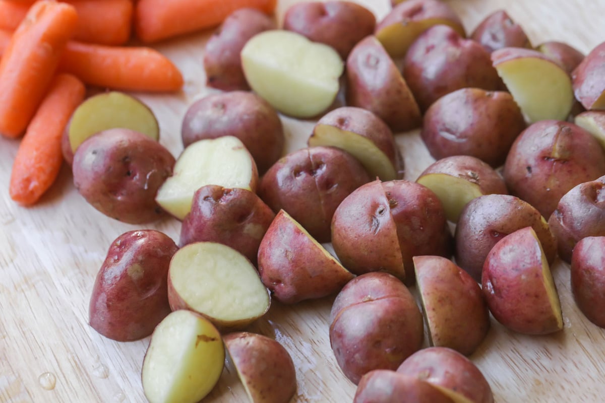 sliced baby red potatoes and carrots