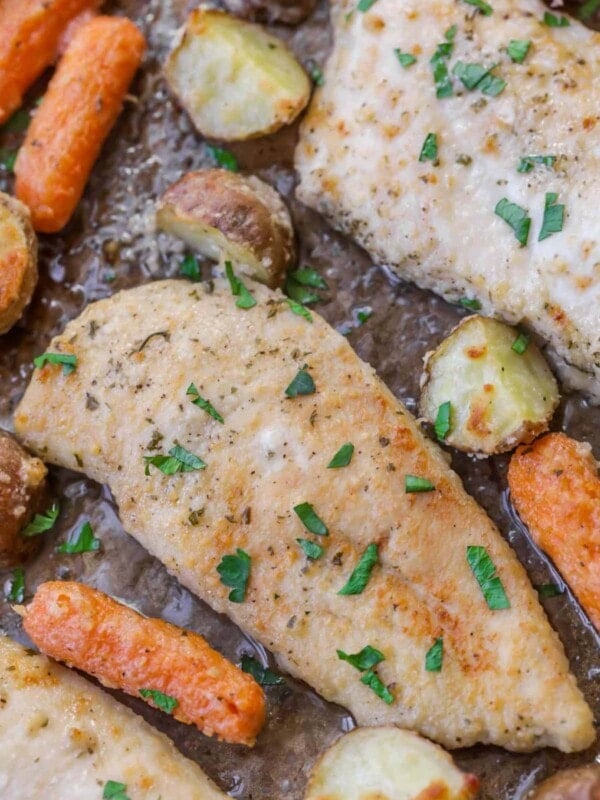 ranch chicken on pan with carrots and potatoes
