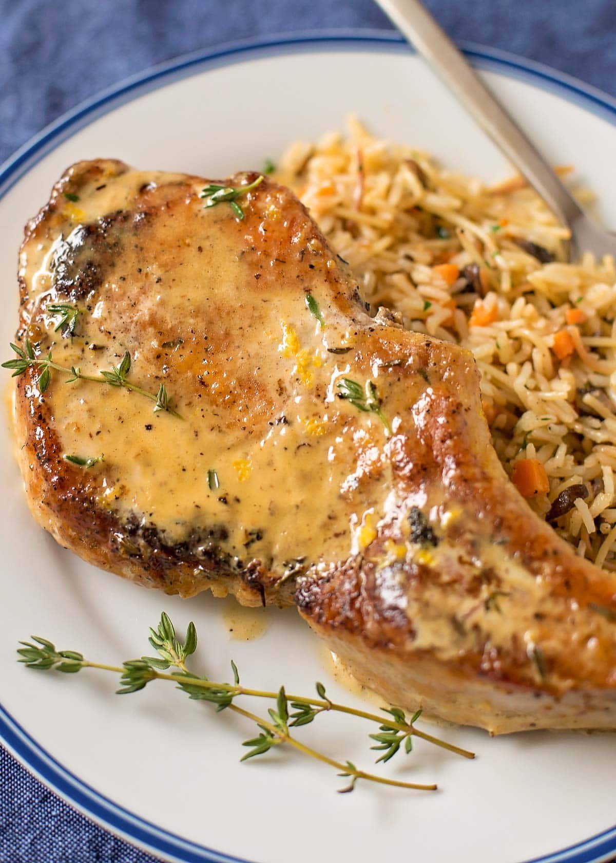 A smothered pork chop on a plate with rice