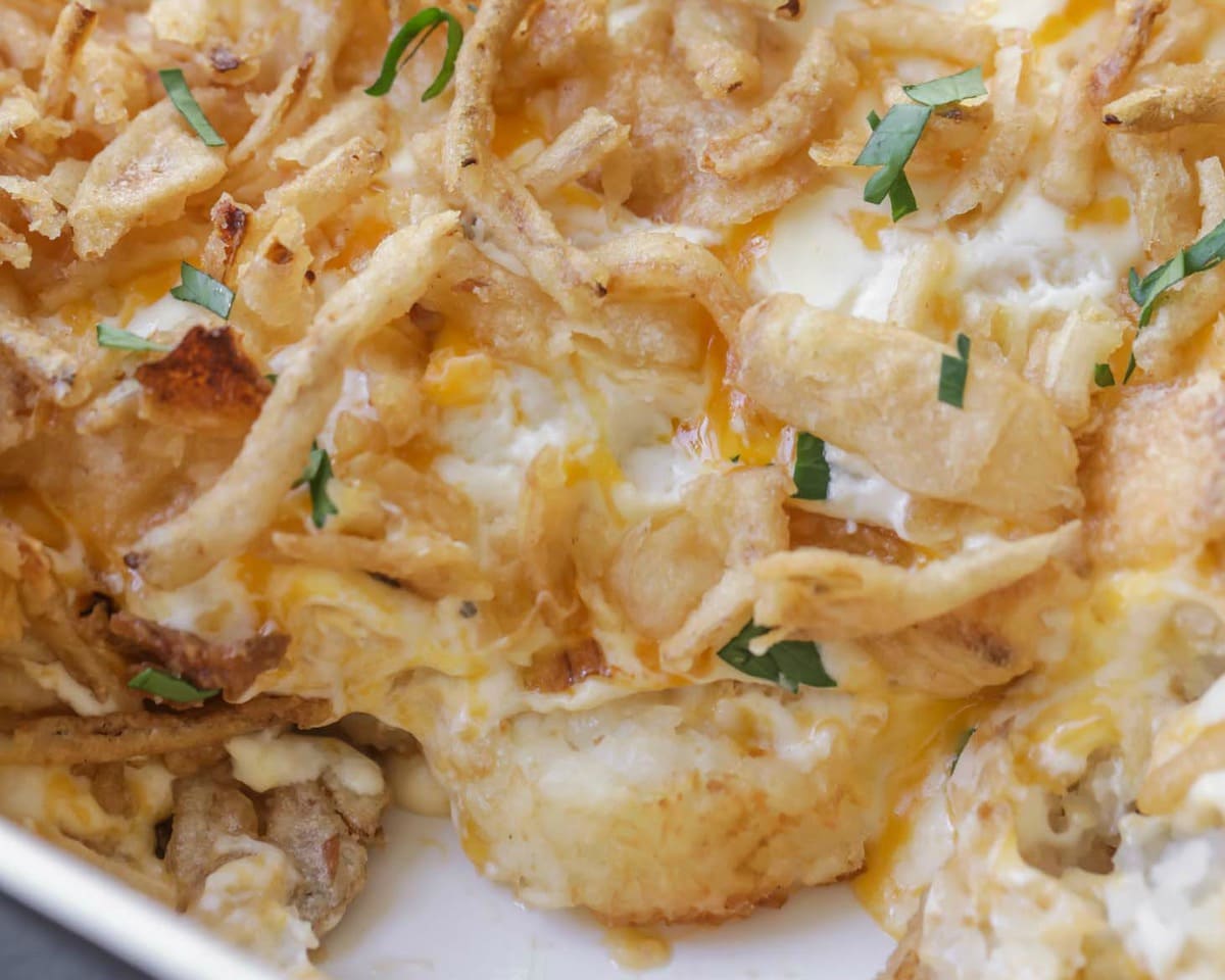 Easy Dinner Ideas - Close up of tater tot casserole in a baking dish.