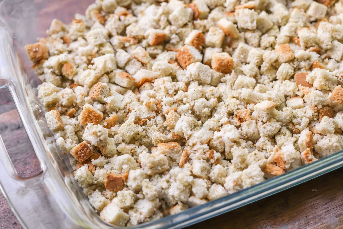 Stuffing layered in casserole dish