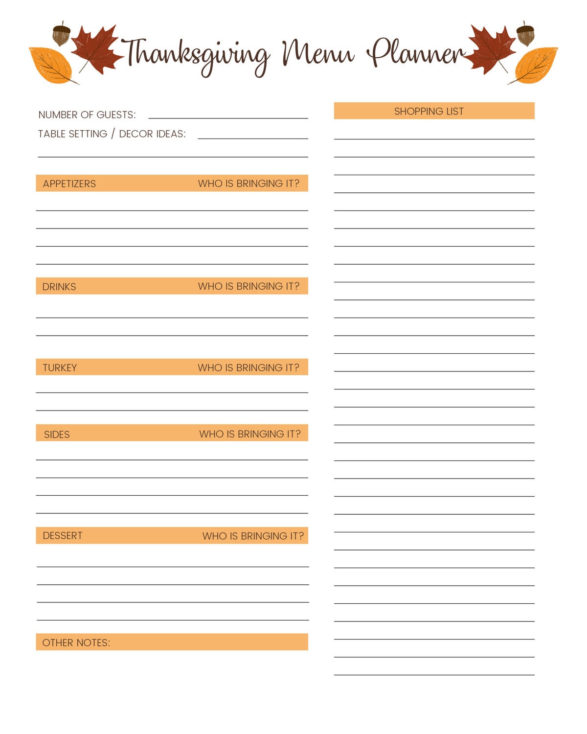 Thanksgiving menu template printable