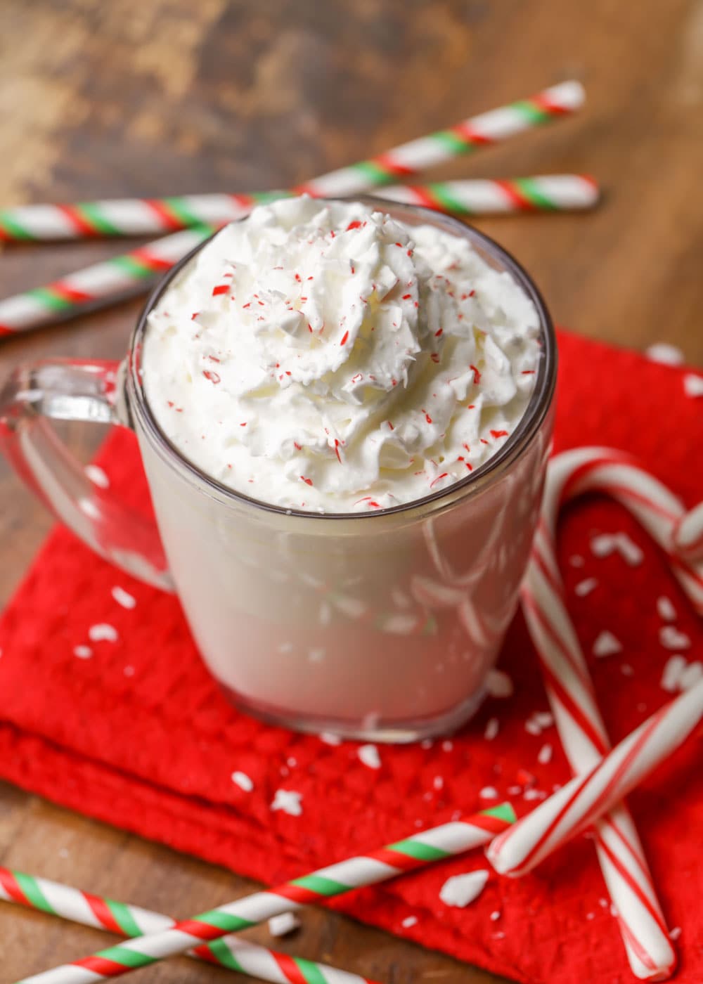 Holiday drink recipes - peppermint hot cocoa topped with whipped cream and crushed candy canes.