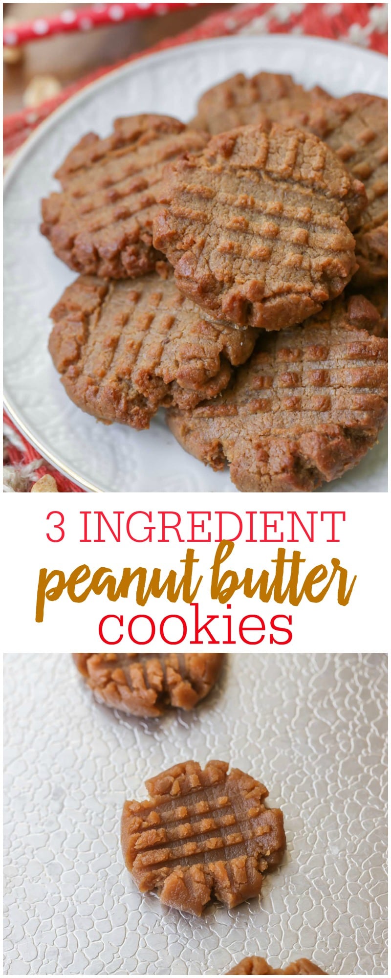 Quick, easy and delicious 3 Ingredient Peanut Butter Cookies. They take just minutes to throw together and are so easy the kids can make them!