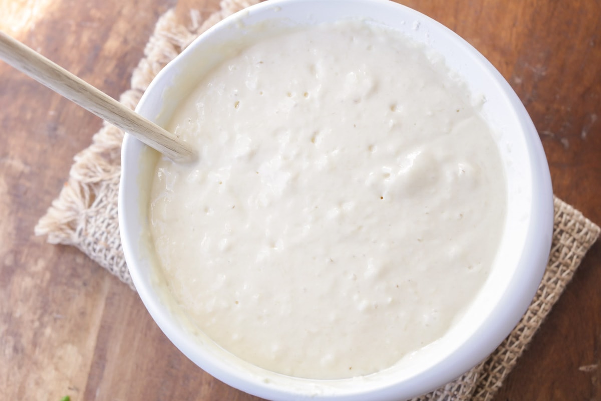 Buttermilk Pancakes Batter in a white bowl.