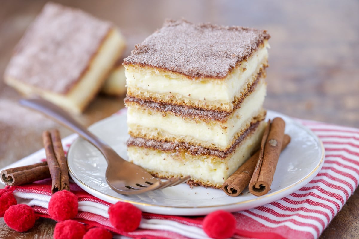 Three squares of churro cheesecake on top of each other on a plate, with a fork and two cinnamon sticks on the plate, on top of a red and white striped kitchen towel with two cinnamon sticks on the side, and cheesecake bars in the background