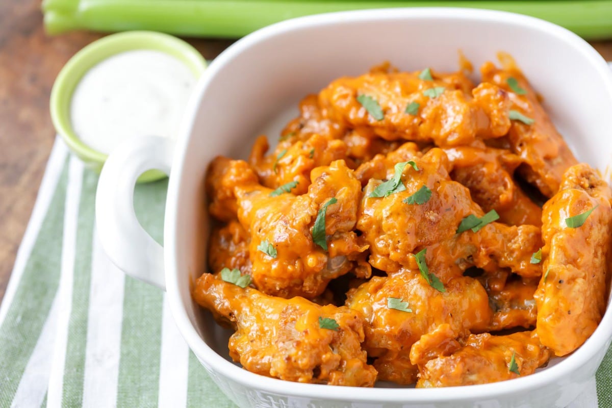  Baked Hot Wings on plate with celery and ranch dressing