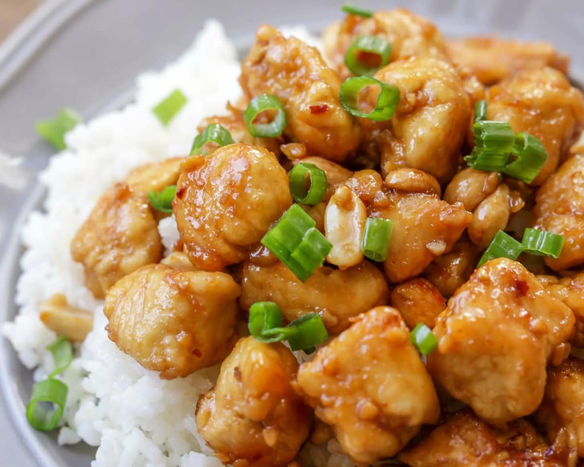 Chicken Breast Recipes - Kung Pao chicken on a plate of white rice with green onion.